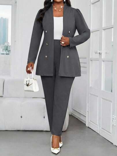 SHEIN Lady CURVE Bộ đồ công sở thanh lịch mùa thu đông màu hồng dệt kim cổ đứng cài vàng tay dài, áo khoác lông giả cỡ lớn.