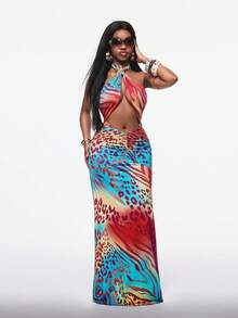 Coolane Vestido de Praia Sexy com Decote Nas Costas e Amarração na Frente, Estampa Gradiente Animal com Decoração de Estrela-do-mar Metálica, para Férias - Multicolorido - Visão 1