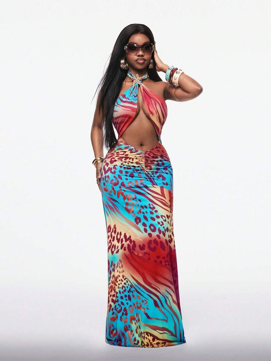 Coolane Vestido de Praia Sexy com Decote Nas Costas e Amarração na Frente, Estampa Gradiente Animal com Decoração de Estrela-do-mar Metálica, para Férias - Multicolorido - Visão 1