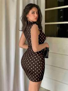 Firerie Elegant Sexy Brown Polka Dot Print Sleeveless Ruched Bodycon Mini Dress, Suitable For Spring, French Vacation Style - Brown - View 2