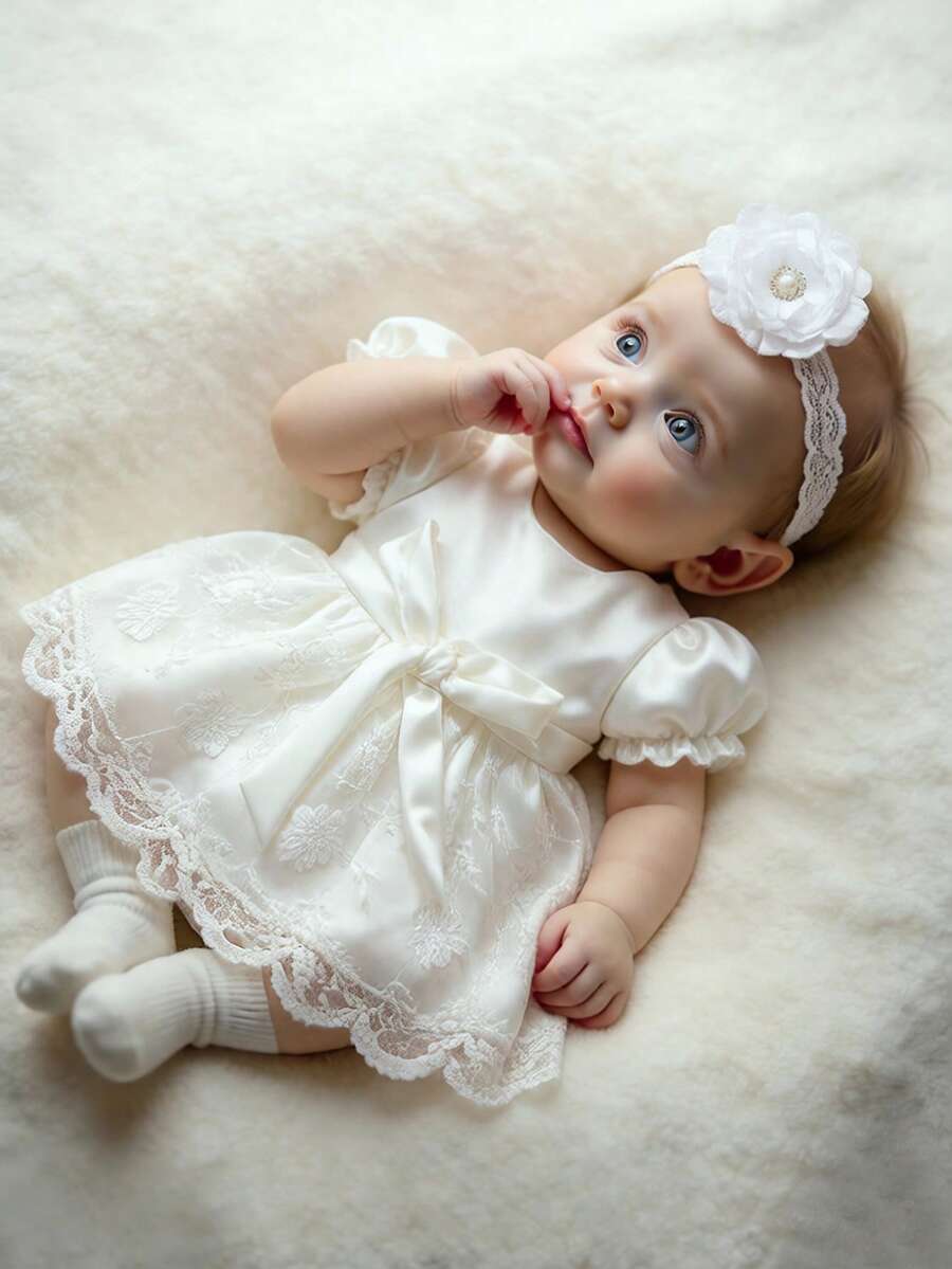 SHEIN Bộ 2 món váy ren chụp ảnh cho bé sơ sinh kèm băng đô thêu, màu trắng, váy dài ren dùng trong lễ rửa tội, váy cưới cho bé gái từ 0 đến 3 tháng (100 ngày), phụ kiện chụp ảnh cho bé. - trắng - Xem 1