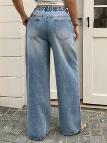 Dazy Plus 浅色水洗宽松直筒牛仔裤，休闲街头风，四季皆宜长裤 - 淺色水洗藍 - 查看 2