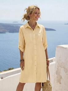 Faunlyn Women's Striped Print Front Button Pocket Casual Roll-Up Sleeve Dress - Mustard Yellow - View 3