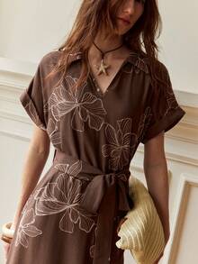 Écloséra French Retro Women's Dress,V-Neck Raglan Short Sleeve Folded Cuffs Embroidered Belt Brown Floral Summer Boho Vacation Casual Beach Holiday Wear Dress - Multicolor - View 2