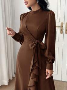 Modelyn Women Fashion Solid Color Belted Long Sleeve Dress,Elegant Evening Party Dress Long Evening Dresses - Coffee Brown - View 6