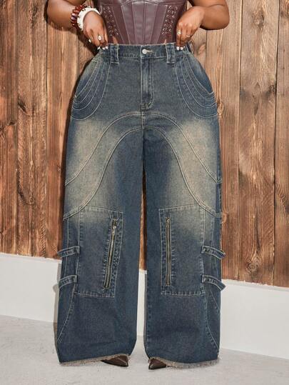 Slaydiva Quần jeans ống rộng dáng suông, thời trang thường ngày cho nữ cỡ lớn, kiểu dáng đường phố, đã qua xử lý giặt, chất liệu wash.