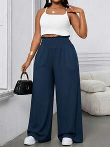 Linhara CURVE Damen Große Größen Frühling/Sommer einfarbige Chiffon Casual Loose Hose, Elastischer Bund mit weitem Saum, geeignet für Arbeit und Alltag - Blau - Übersicht 4