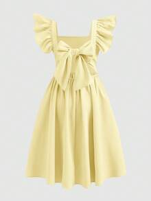 SHEIN Tween Girl Elegant Bowknot Decor Ruffle Trim Flutter Sleeve Dress - Yellow - View 7