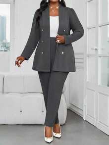 SHEIN Lady CURVE Bộ đồ công sở thanh lịch mùa thu đông màu hồng dệt kim cổ đứng cài vàng tay dài, cỡ lớn, áo khoác lông giả màu xám. - Xám - Xem 4