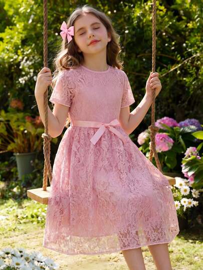 Đầm ren thêu rỗng màu trơn cho bé gái, kiểu dáng chui đầu, khóa kéo ẩn, tay ngắn, dài ngang gối, thích hợp mặc hàng ngày và dự tiệc mùa xuân/hè.