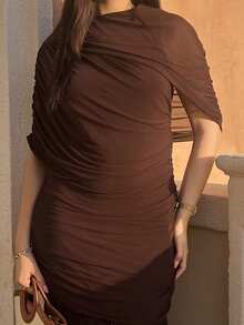 Hitanina Elegant Ruched Skirt Bodycon Dress, Suitable For Cocktail Party, Romantic Date, Autumn/Winter Layering, Party, Formal Gathering, Christmas,Winter Dresses For Women,New Year Dress,Elegant Dresses For Party,Dresses For Women Elegant,New Year Dress ,Elegant Party Dresses - Brown - View 6
