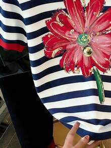 Resyla Women's Casual Striped Floral Print Round Neck Short Sleeve T-Shirt, Versatile Daily Wear - Multicolor - View 5