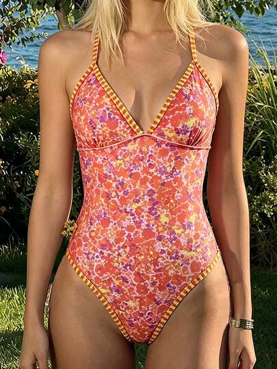 Swim Mod 1pc Women's One-Piece Swimsuit With Random Ditsy Floral, Fashionable Criss-Cross Back Straps, Regular Leg Opening, Adult Beach Wear