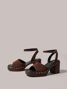 Styleloop Giày sandal nữ mũi vuông đế da PU đính hạt tròn vàng, chất liệu nhung, thời trang, đơn giản, thoáng khí và thoải mái, có khóa cài, thích hợp cho các bữa tiệc và liên hoan hàng ngày, kiểu dáng bohemian, mang đến không khí nghỉ dưỡng, là món đồ không thể thiếu cho những chuyến du lịch mùa hè. - màu nâu - Xem 2