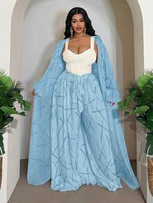Slaydiva 2pcs Setelan Wanita Ukuran Besar Kasual Lengan Lentera dan Celana Panjang Longgar - Biru - View 1