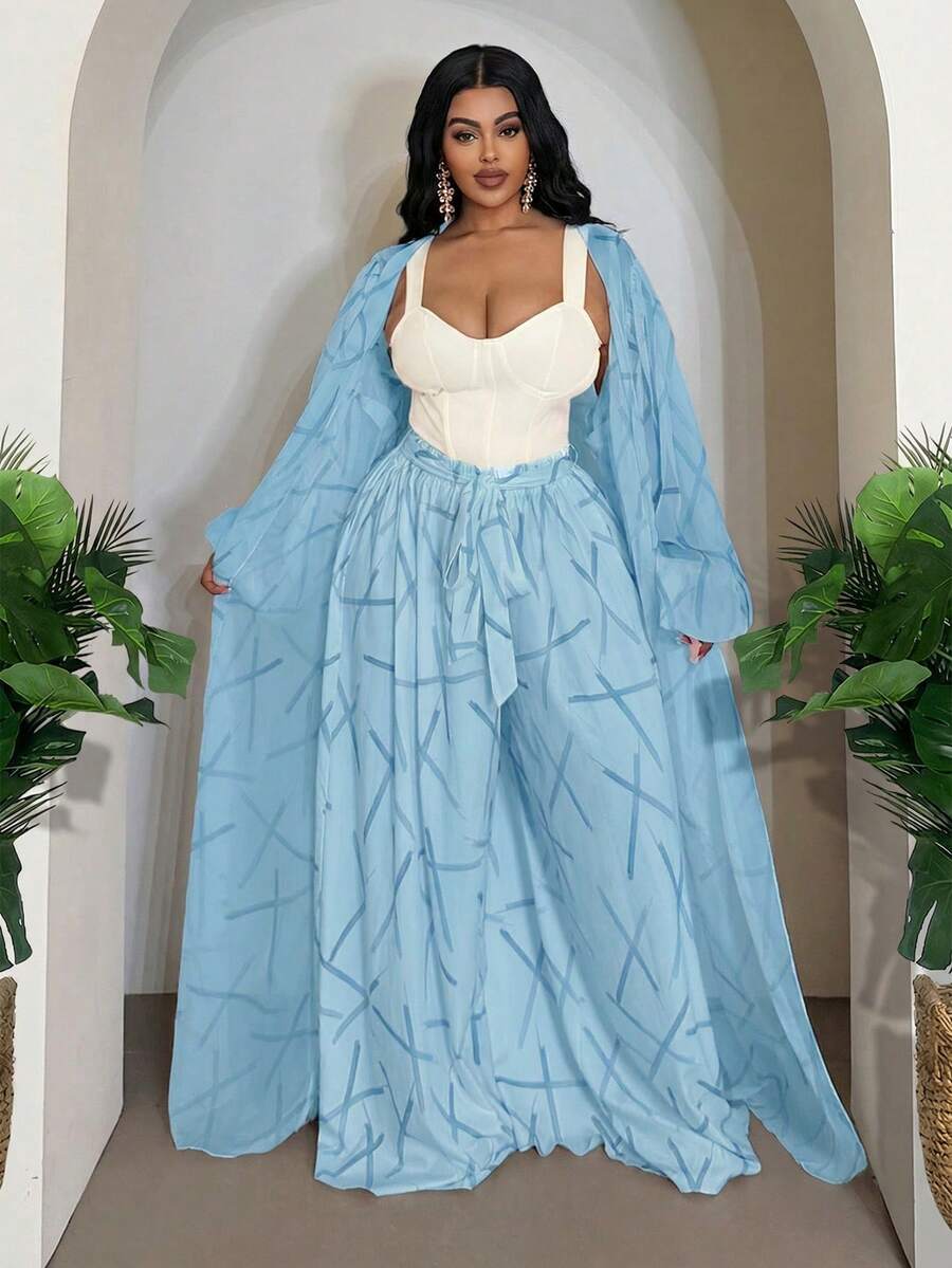 Slaydiva 2pcs Setelan Wanita Ukuran Besar Kasual Lengan Lentera dan Celana Panjang Longgar - Biru - View 1