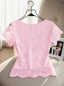 Qadelle Áo kiểu nữ tay ngắn cổ chữ V viền ren thanh lịch, thích hợp cho mùa hè. - Màu Hồng baby - Xem 2