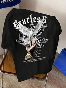 Manfinity Dauomo 男士休闲字母鸽子印花圆领短袖T恤，夏季 - 黑色 - 查看 3