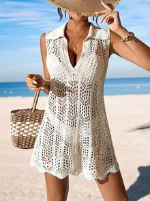 SHEIN Swim Women's Solid Color Sleeveless V-Neck Hollow Out Casual Beach Cover-Up Summer - Apricot - View 6