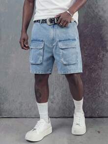 RHETRK Plus Size Men's Casual Denim Cargo Shorts For Summer - Blue - View 3