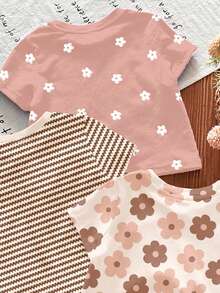 SHEIN LMoss Kids 3件套女婴可爱花卉系列奶油白、棕色条纹、粉色基础款圆领短袖T恤，休闲百搭，适合日常穿着、居家、度假、假日穿着，轻松舒适，可叠穿，时尚百搭，花卉图案，秋冬时尚，新款 - 彩色 - 查看 6