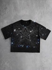 ROMWE MEN Street Life Men's Oversized Gradient Sparkling Diamond Loose T-Shirt - Black - View 1