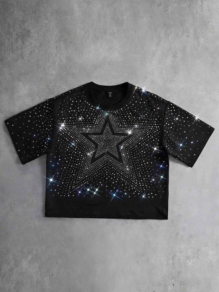 ROMWE MEN Street Life Men's Oversized Gradient Sparkling Diamond Loose T-Shirt - Black - View 1