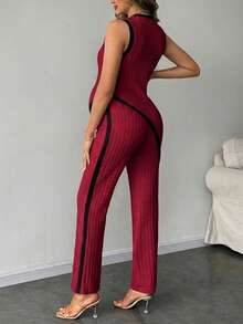 SHEIN 2 piezas Conjunto de top de tirantes acanalado y pantalones con dobladillo asimétrico para maternidad - Rojo - Ver 2