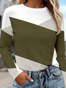 EMERY ROSE Women's Long Sleeve T-Shirt, Color Block Print Pattern Design, Elegant For Daily Wear, Spring & Autumn - Grey - View 3