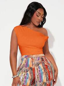 Radiana Chic Orange One Shoulder Sleeveless Bodysuit For Women Plus Size - Orange - View 2