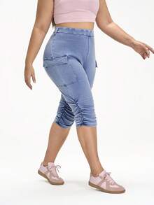 Flexra Plus Size Knitted Denim Cargo Capri Pants - Blue - View 3