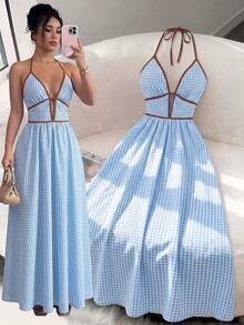 Selianne Vestido de primavera/verano de estilo elegante, romántico y sexy para playa, viaje, fiesta y calle. Diseño de nicho de moda versátil de talla media con escote en V profundo en azul y blanco, con diseño vertical hueco, falda acampanada y tirantes de espagueti a cuadros pequeños. - Azul y blanco - Ver 3