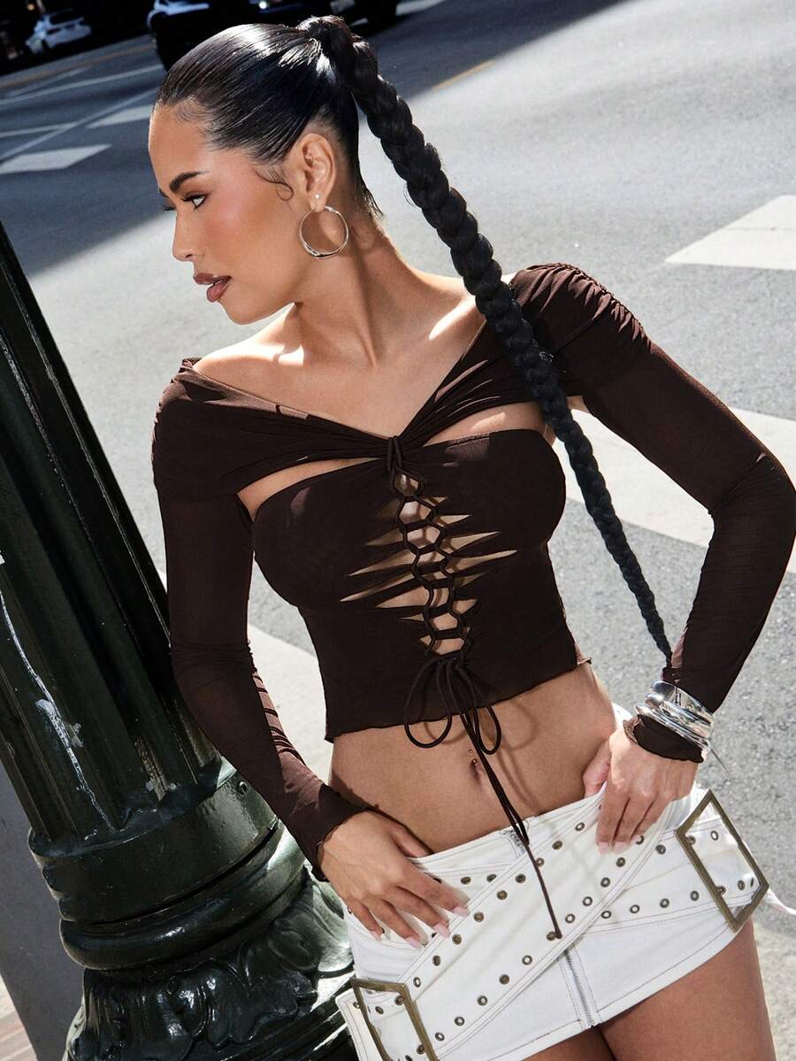 Denimoi Sexy Ruched Fitted Mesh Hollow Lace-Up Off Shoulder Long Sleeve Flared Women Top, Summer - Rust Brown - View 1