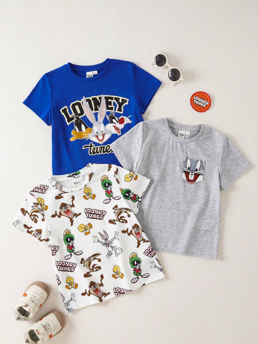 LOONEY TUNES X SHEIN Bộ 3 áo thun ngắn tay in chữ hoạt hình phong cách thường ngày cho bé trai, thích hợp mặc hàng ngày mùa hè. - Nhiều màu - Xem 1