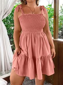 Vionelle Plus Size Women's Summer Beach Vacation Solid Color Shirred Bodice Knotted Shoulder Ruffle Hem Cinched Waist Camisole Dress - Dusty Pink - View 5