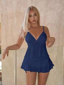 Sweetina 女士性感甜美抽绳荷叶边半裙和吊带背心两件套 - 藏蓝色 - 查看 3