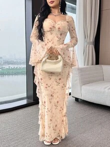 Women's Floral Print Sweetheart Neck Flare Sleeve Elegant Dress - Multicolor - View 6