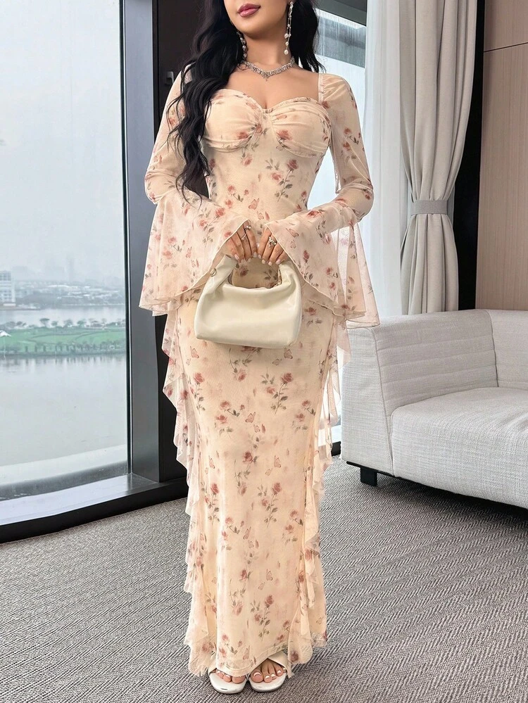 Women's Floral Print Sweetheart Neck Flare Sleeve Elegant Dress - Multicolor - View 5