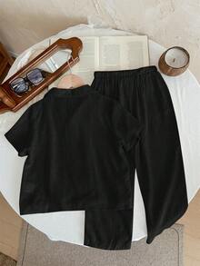 SHEIN LMoss Kids LMoss 儿童男童休闲纯色短袖衬衫和裤子透气舒适套装（不含T恤） - 黑色 - 查看 3