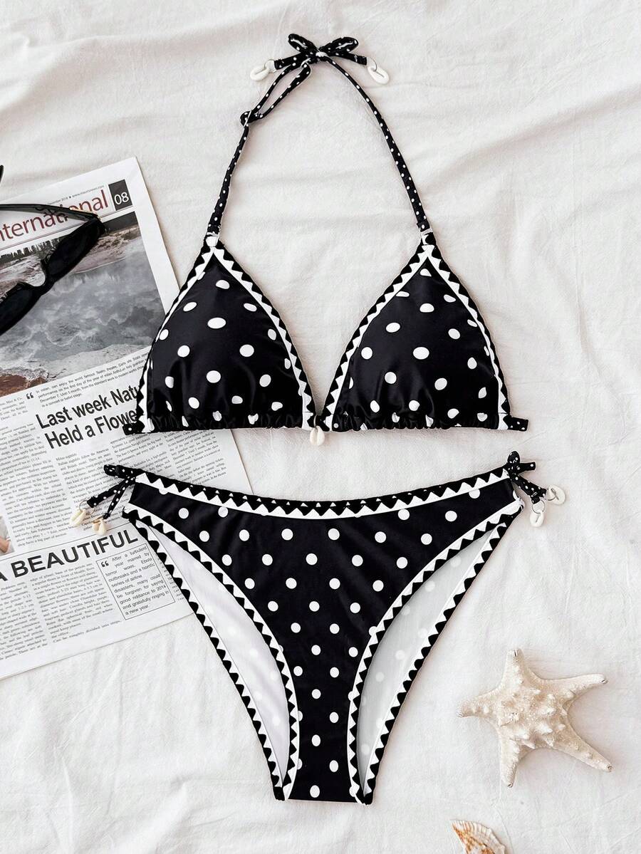 Bộ bikini chấm bi 2 món dành cho thiếu nữ, kèm váy buộc eo, thích hợp cho kỳ nghỉ biển và mùa hè. - màu đen - Xem 1