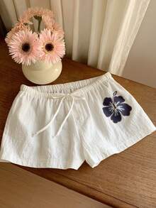 Comfortcana Quần short cotton dáng rộng, thoải mái, họa tiết hoa dâm bụt, có dây rút, thích hợp để phối cùng bikini đi biển mùa hè. - trắng - Xem 11
