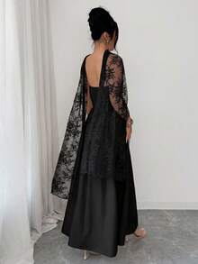 Elenzga Elegant Black Fall Winter Lace Patchwork Halter A-Line Maxi Dress,Ruffle Hem Front Fish Bone Line Divider Long Trailing,Party Holiday Dress - Black - View 2