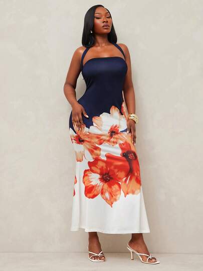 Radiana Plus Size Women's Floral Print Elegant Dress, Suitable For Everyday Wear, Music Festival, Versatile, Tropical