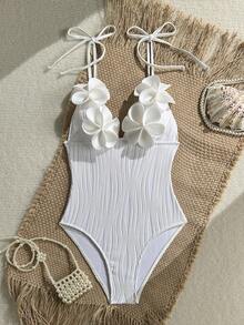 SHEIN Swim Traje de baño de una pieza de punto texturizado elegante y sexy con flores 3D hechas a mano, adecuado para la playa, la piscina, Año Nuevo, fiestas navideñas, primavera/verano - Blanco - Ver 11