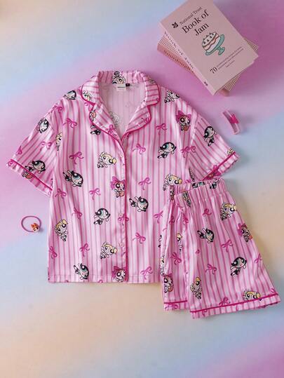 THE POWERPUFF GIRLS X SHEIN Women's Summer Casual Striped Cartoon Print Button Front Short Sleeve Shirt And Shorts Pajama Set