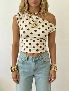 SHEIN EZwear 女士极简度假多巴胺奶油色波点印花不对称褶皱露脐上衣，适合日常通勤、约会、聚会、秋冬夏、圣诞节、新年、感恩节、派对、婚礼、海滩、毕业典礼、时尚、优雅、休闲、外出、约会、预订、通勤、闪亮、情人节、优雅、度假、休闲、Y2K、外出、毕业典礼等场合。 - 彩色 - 查看 5