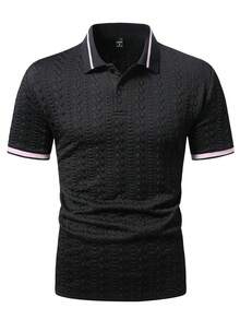 EGENSIO Men's Jacquard Textured Knit Polo Shirt With Ribbed Collar And Cuffs - Black - View 5