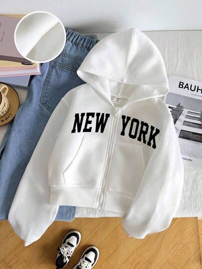 SHEIN 少女休闲宽松舒适日常街头风拉链卫衣，白色，适合返校、冬季、秋季节日、万圣节、圣诞节、新年等场合，是理想的圣诞礼物之选。适合休闲日常穿着，也适合秋冬季上学穿着，温暖舒适。