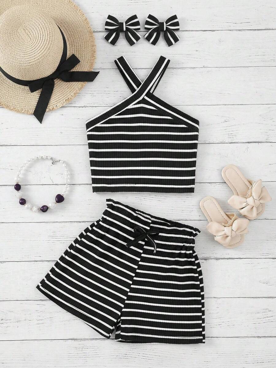 Emery Rose Kids Emery Rose Kids Bộ đồ 2 món cho bé gái, áo không tay và quần short dệt kim kẻ sọc đen trắng, áo yếm mùa hè, phù hợp cho bé gái 4-5 tuổi, trang phục mùa hè cho bé gái, bộ đồ thường ngày cho bé gái, trang phục mùa hè thường ngày, áo mùa hè thường ngày, trang phục đi nghỉ hè, bộ đồ nghỉ lễ mùa hè. - Đen và trắng - Xem 1