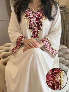 Al Najma New Elegant V-Neck Sequin Embroidered Slimming Comfortable Casual Party Dress - Multicolor - View 2